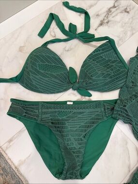 Luli Fama Emerald Green Lace Halter Bikini Set